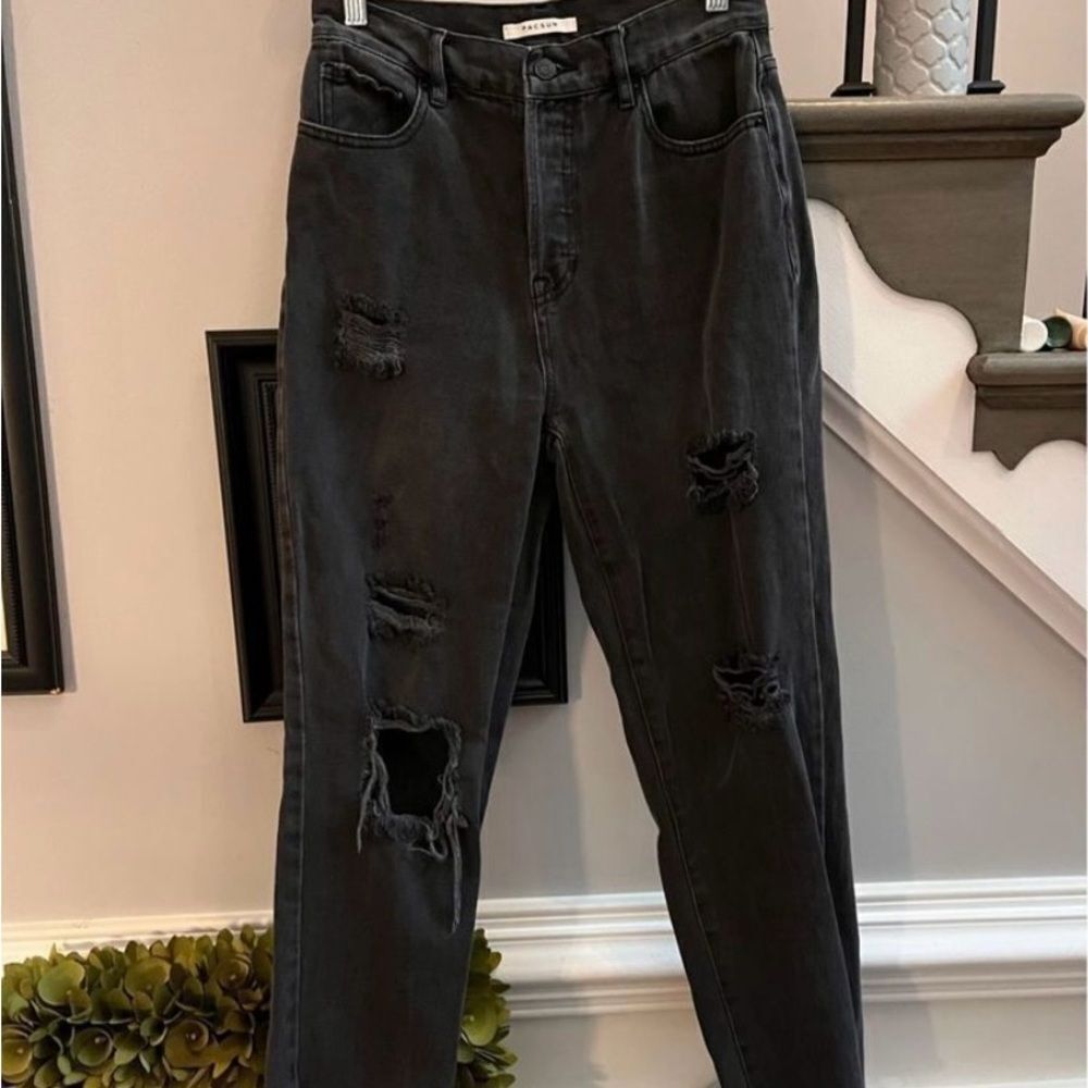 PACSUN Black High Rise Distressed Button Fly Straight Leg Jeans sz 27 EUC